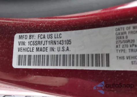 2024 Ram 1500 Laramie 4X4 5'7 Box z USA, uszkodzony, nr VIN 1C6SRFJT1RN143105